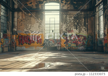 AI-generated content. An empty room with walls covered in colorful graffiti art, showcasing urban decay and artistic expression. AI-generated content. An empty room with walls covered in colorful graffiti art, showcasing urban decay and artistic expression. 112333073