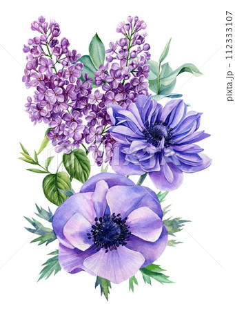 Blue flowers. Anemones, lilac, leaves on isolated white background. Watercolor spring Flower, botanical illustration. 112333107