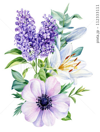 Spring flowers. Anemones, lilac, lily on isolated white background. Watercolor Flower bouquet, botanical illustration. 112333111