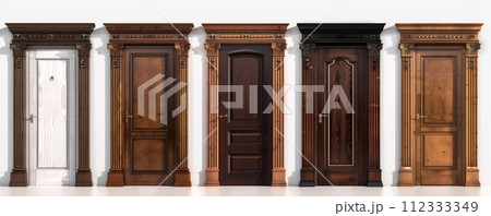 Set of five classic indoor doors against a white background. 112333349