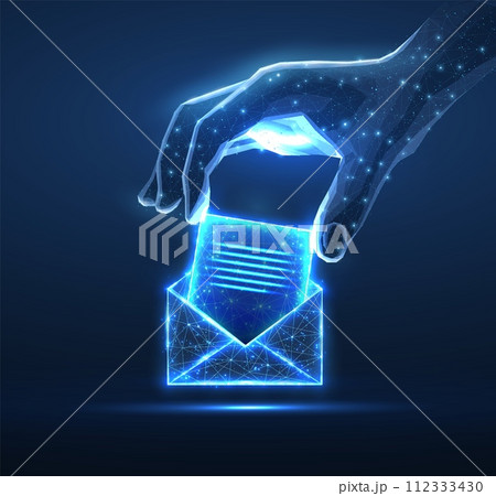 Digital hand put letter in to the envelop. AI mailing, email icon, inbox logo, envelope symbol 112333430