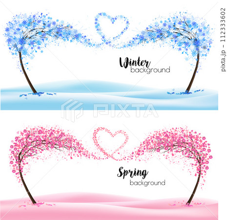 Two season nature backgrounds with stylized trees representing a seasons - winter and spring. Trees with flying snowflakes and spring flowers collected in the shape of a heart. Vector. 112333602