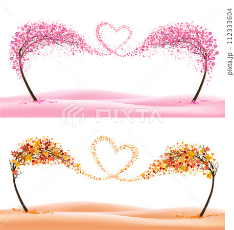 Two season nature backgrounds with stylized trees representing a seasons - spring and autumn. Trees with flying leaves and summer flowers collected in the shape of a heart. Vector. 112333604
