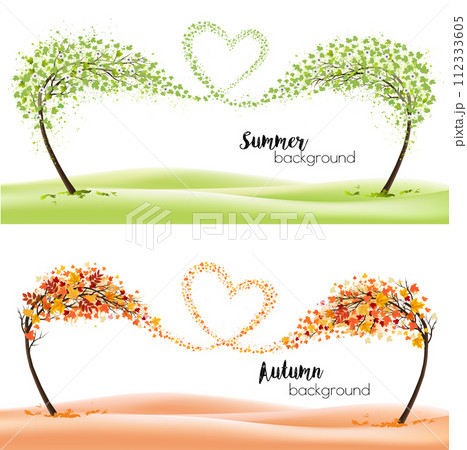 Two season nature backgrounds with stylized trees representing a seasons - summer and autumn. Trees with flying leaves and summer flowers collected in the shape of a heart. Vector. 112333605