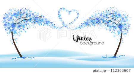 Winter nature background with stylized trees representing the season - winter. Trees with snowflakes collected in the shape of a heart. Vector. 112333607