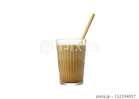PNG, Glass with iced coffee and straw, isolated on white background 112334057