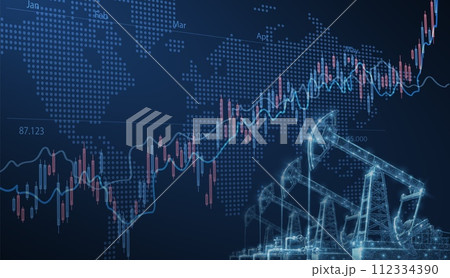 Digital screen showcasing financial chart graphs and oil pumps field. 112334390