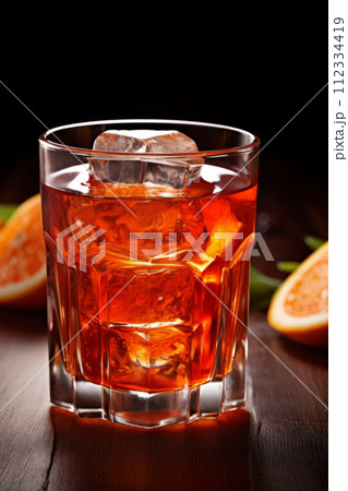 Negroni cocktail, deep red and iced, served in an old-fashioned glass against a dark backdrop. 112334419