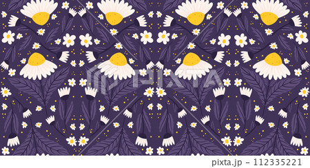 Seamless motif displaying daisies in midnight purple tones. Repetitive surface design of chamomile against a purple background 112335221