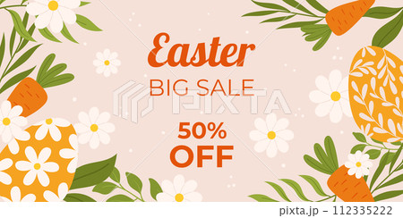 Easter sale horizontal background template for promotion. Design with painted eggs, flowers with leaves, carrot. 112335222