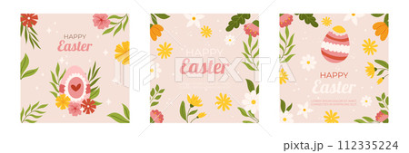 Easter collection of square social media post template. Design with flowers and painted eggs. Hand drawn flat vector illustration. 112335224