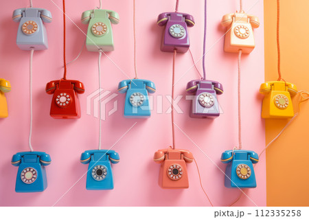 Colored retro telephones hanging on pink background. 112335258