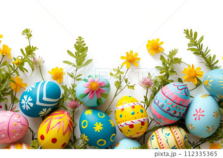 Happy Easter banner. Colorful eggs on white background Happy Easter banner. Colorful eggs on white background 112335365
