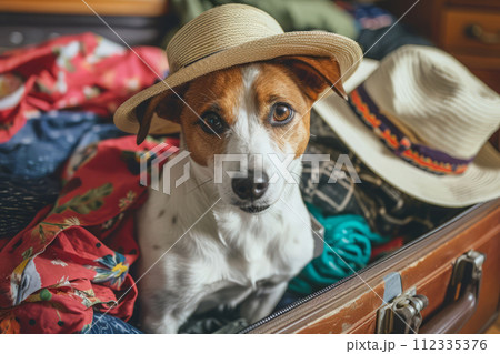 Cute dog sitting in open suitcase with clothes for vacation Cute dog sitting in open suitcase with clothes for vacation 112335376