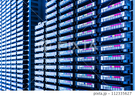 data cloud tapes inside data center racks data cloud tapes inside data center racks 112335627