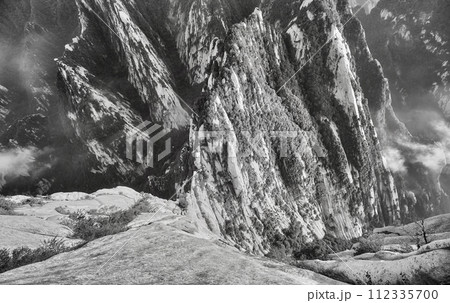 Black and white photo of Huashan National Park mountain landscape, China. 112335700