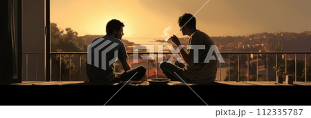 AI-generated content. Two men are sitting on top of a balcony, smoking. 112335787