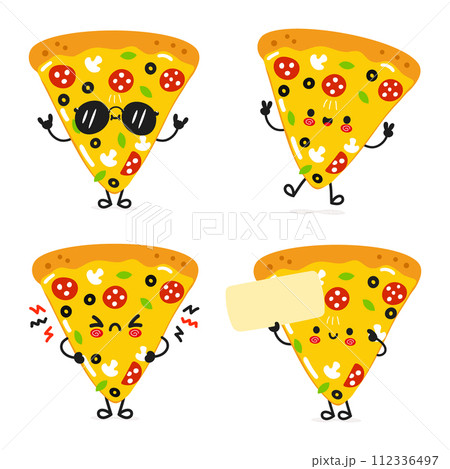 Funny Slice of pizza characters bundle set. Vector hand drawn doodle style cartoon character illustration icon design. Cute Slice of pizza mascot character collection 112336497
