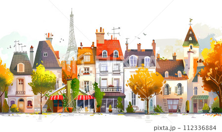 living in France, old town city illustration in cartoon style 112336884