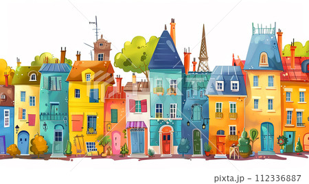 living in France, old town city illustration in cartoon style 112336887
