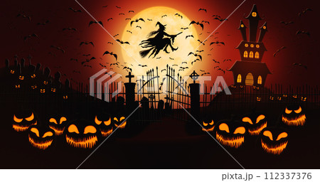 Halloween Pumpkins at Cemetery with Bats Flying and Witch Riding the Broom Against Full Moon Sky with Haunted Mansion in the Background Halloween Pumpkins at Cemetery with Bats Flying and Witch Riding the Broom Against Full Moon Sky with Haunted Mansion in the Background 112337376