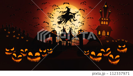 Halloween Pumpkins at Cemetery with Bats Flying and Witch Riding the Broom Against Full Moon Sky with Haunted Mansion in the Background Halloween Pumpkins at Cemetery with Bats Flying and Witch Riding the Broom Against Full Moon Sky with Haunted Mansion in the Background 112337971