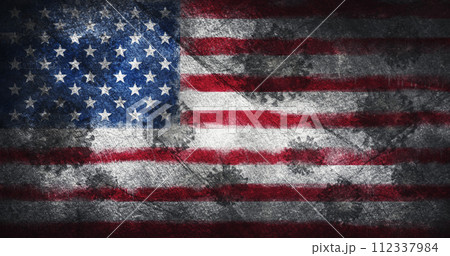 Coronavirus outbreak pandemic all over United States of America . Infected American flag, destroyed by the Ncov-19 bacteria 3D illustration 112337984