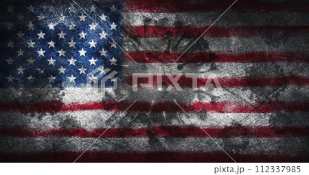 Coronavirus outbreak pandemic all over United States of America . Infected American flag, destroyed by the Ncov-19 bacteria 3D illustration 112337985