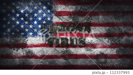Coronavirus outbreak pandemic all over United States of America . Infected American flag, destroyed by the Ncov-19 bacteria 3D illustration 112337993