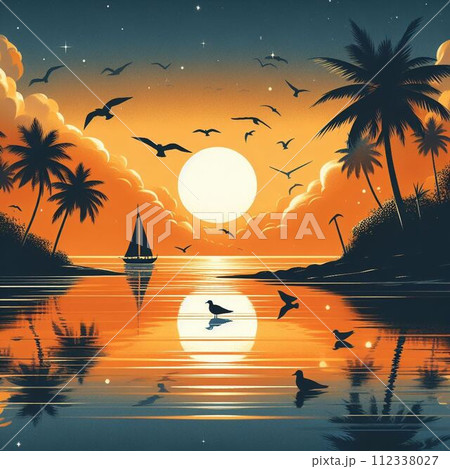 日の出と海と砂浜 112338027