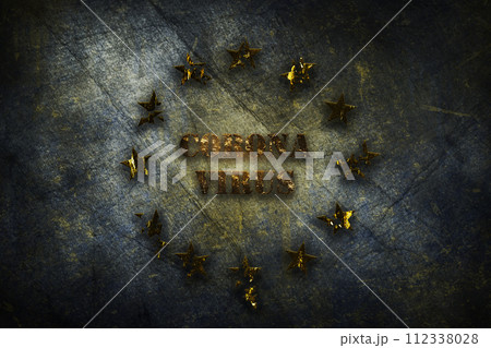 Coronavirus, COVID-19 outbreak pandemic all over European Union. Infected EU flag. Corona Bacteria and infected stars illustration 112338028