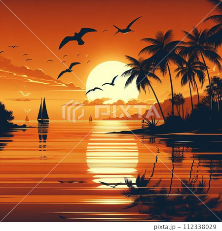 夕焼けに染まる海と船 夕焼けに染まる海と船 112338029