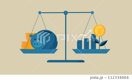 貯蓄と投資を比較するイメージ。天秤の上には貯金箱と円コインが育っている芽があります。 112338068