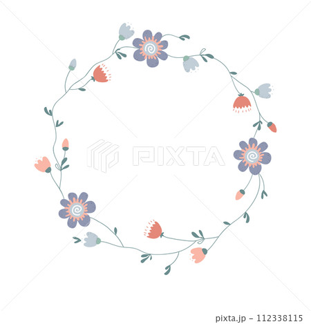 Elegant wavy flower wreath frame. Spring Scandinavian flowers border for Birthday, anniversary, greeting card, baby shower celebration 112338115