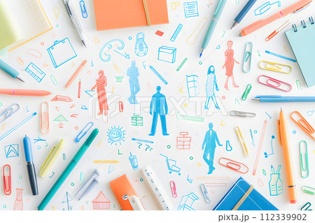 AI-generated content. School supplies flat lay on white background with colorful stationery 112339902