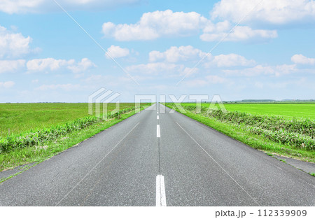 夏の北海道 地平線の彼方 どこまでも続く一本道 猿払街道エサヌカ線 夏の北海道 地平線の彼方 どこまでも続く一本道 猿払街道エサヌカ線 112339909