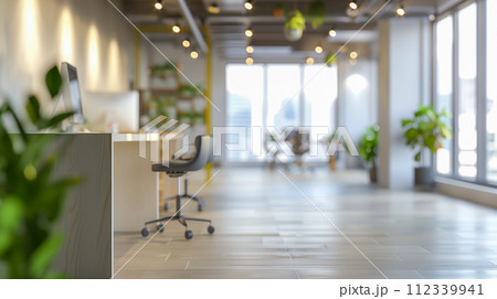 モダンな現代風オフィス。リラックスできる仕事環境のイメージ。ボケ写真。 モダンな現代風オフィス。リラックスできる仕事環境のイメージ。ボケ写真。 112339941