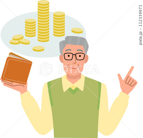 お金のことを説明するシニア男性のイラスト 112339971