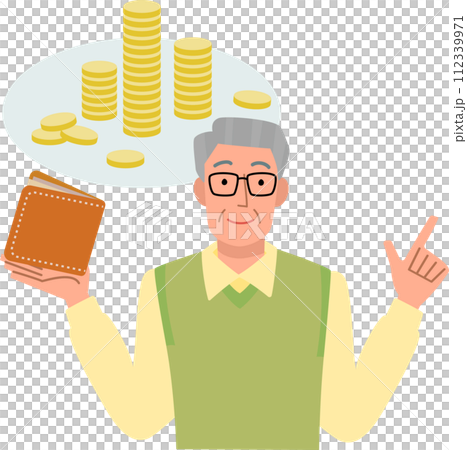 お金のことを説明するシニア男性のイラスト 112339971