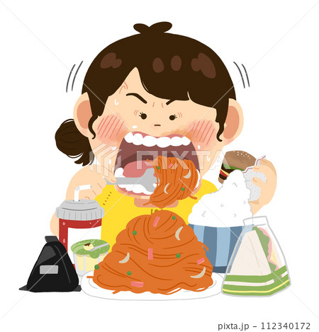 炭水化物が好きな大食い女性のシンプルなイラスト【上半身】 炭水化物が好きな大食い女性のシンプルなイラスト【上半身】 112340172