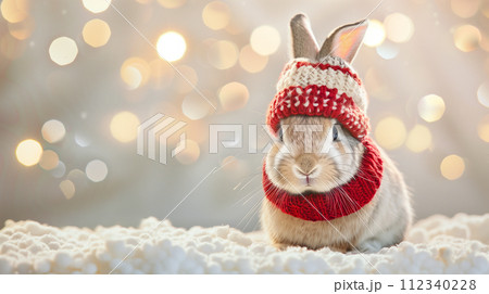 ホリデーシーズンを祝う陽気なウサギ、ホリデー精神を持つかわいいウサギ。 112340228