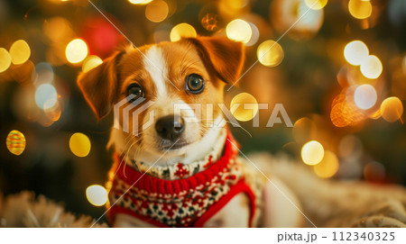 着心地の良いセーターを着た子犬、子犬の目にはクリスマスの喜びがあふれています。 112340325