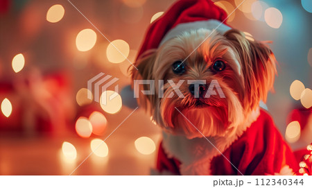 着心地の良いセーターを着た子犬、子犬の目にはクリスマスの喜びがあふれています。 着心地の良いセーターを着た子犬、子犬の目にはクリスマスの喜びがあふれています。 112340344