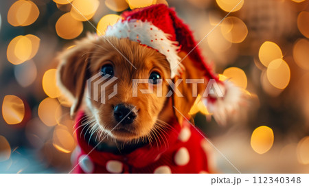 着心地の良いセーターを着た子犬、子犬の目にはクリスマスの喜びがあふれています。 112340348