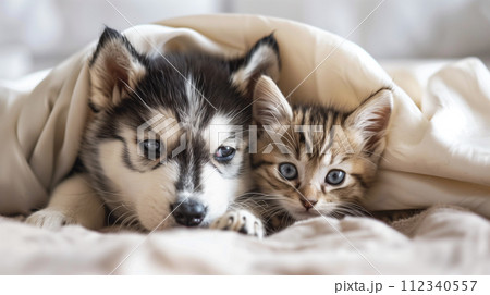 柔らかなベージュのブランケットに包まれた子犬と子猫の心温まるひととき。 112340557
