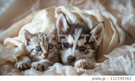 柔らかなベージュのブランケットに包まれた子犬と子猫の心温まるひととき。 112340562