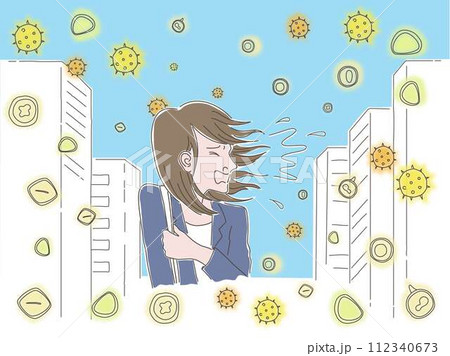 花粉が飛散する街中でくしゃみをする女性のイラスト 112340673
