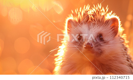 鮮やかなボケ味の円の中に遊び心のあるハリネズミのポートレート、楽しい表情。 112340715