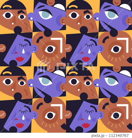 Seamless pattern in the form of puzzles with geometric faces. Stylish pattern for clothing and textiles. 112340767