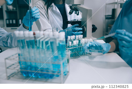 Scientist works with a pipette and a test tube. Scientific laboratory of biotechnology, development of medicine and research in chemistry, biochemistry and experiments. 112340825